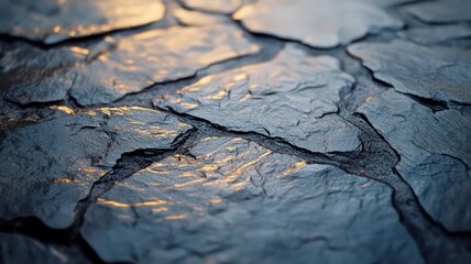 Close-up of dark, textured stone pavement with golden light.