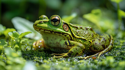 Obraz premium Green frog resting among lush greenery in a tranquil wetland environment