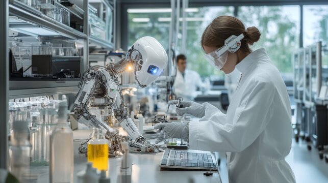 modern research laboratory, android robots work together with human scientists