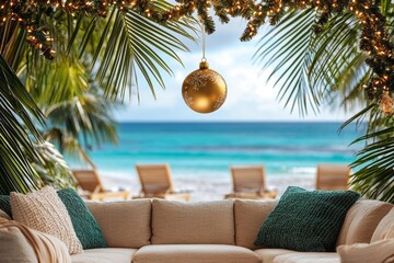Fototapeta premium seamless of A gold ornament hanging from a palm tree with a festive beach scene in the background , isolated on white background, , copy space, copy space for text,