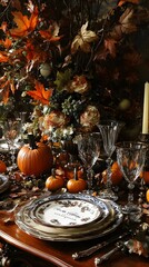 A Thanksgiving dinner setup with a beautifully decorated table, autumn leaves, and pumpkins, leaving space for a celebratory message