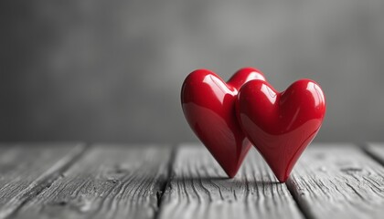 Fototapeta premium Two vibrant red hearts, glossy and smooth, stand side by side on a rustic wooden surface, creating a striking contrast against a softly blurred gray background. The image radiates warmth and affection