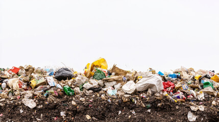 A large pile of assorted trash and plastic waste sits on dark ground against a plain white sky, highlighting environmental pollution.