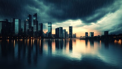 Fototapeta premium Rainy Cityscape at Dusk: A Stunning Reflection