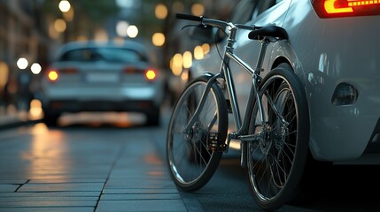 City bike parked next to car at night.