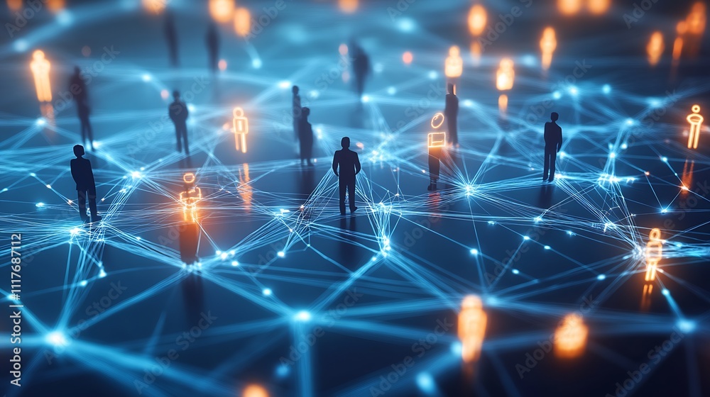 Poster High-Tech Abstract Network Artwork Featuring Human Silhouettes and Illuminated Nodes on a Digital Background : Generative AI