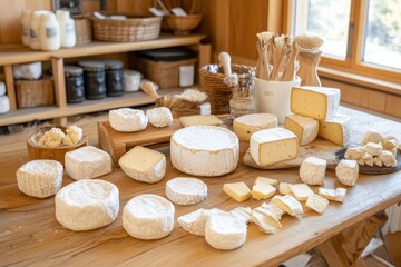 Naklejka premium Cheese selection on wooden table in a rustic kitchen showcasing various types of cheese and dairy products