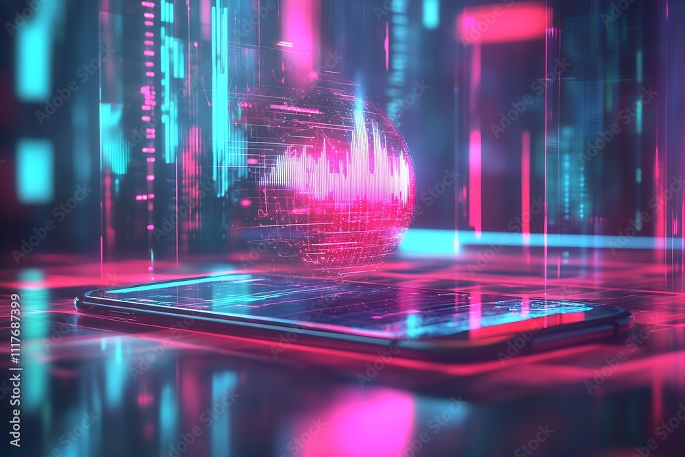Aufkleber Digital Sci-Fi Holographic Sphere Emerging from Smartphone Display : Generative AI