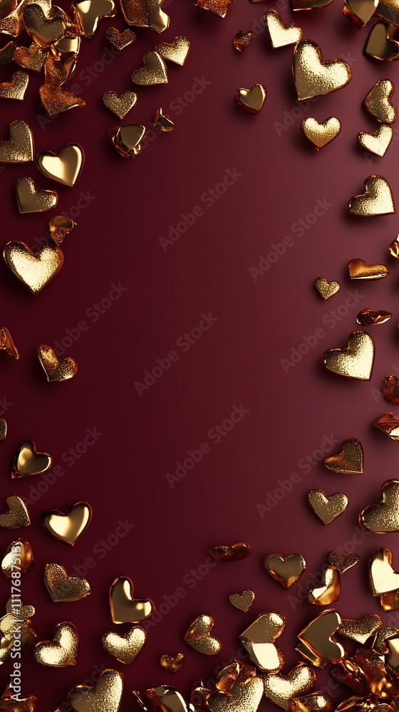 Fototapete luxurious valentine's day background featuring rich burgundy base with scattered gold foil heart sha