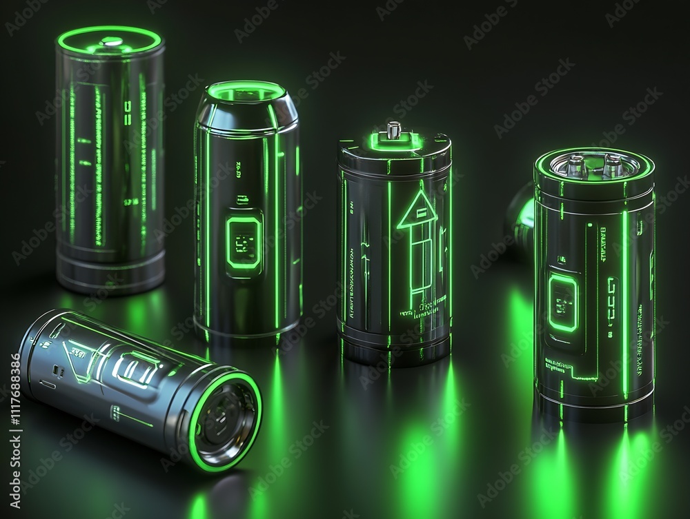 Poster Innovative High-Tech Batteries with Neon Green Interactive Interface Design : Generative AI