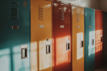 Row of colorful school lockers in school hallway with shadows from sunlight