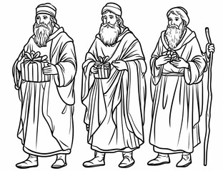Obraz premium Three Wise Men in Traditional Robes: Three robed figures, the wise men, each bearing gifts, a depiction of the biblical narrative of the magi bringing presents.