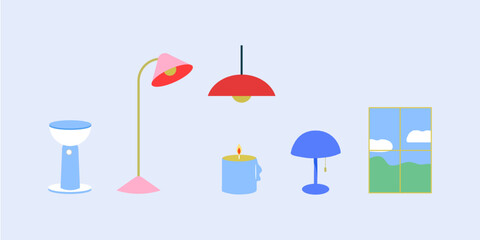 Various sources of light. Lamps. Candles. Isolated Flat illustrations. Hand drawn modern Vector illustration.