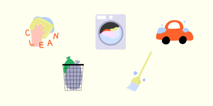 House Chores and To-do list. Laundry, Trash, Cleaning, Carwash, Sweeping. Flat vector illustration.