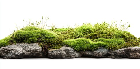 Lush green moss growing on rocks isolated on white background.
