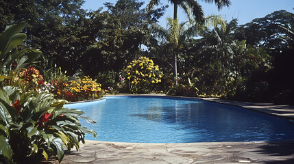 Tropical Swimming Pool Landscape with Lush Greenery