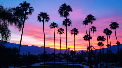 Obraz premium Palm Trees Silhouetted Against Vibrant Sunset and Mountains