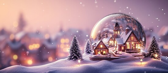 Naklejka premium A winter snow globe scene featuring cozy houses, pine trees, and falling snow.
