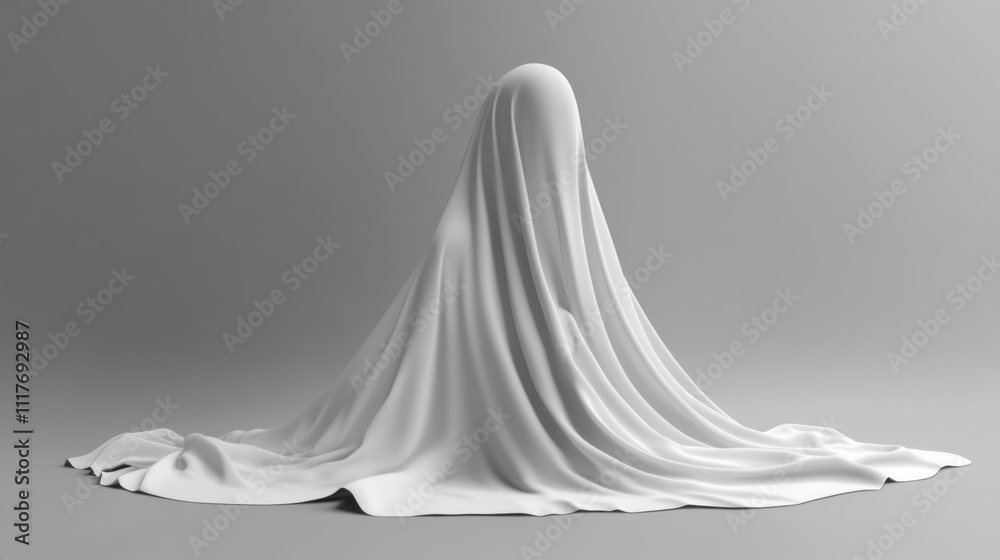 Poster A mysterious figure draped in flowing fabric stands silently in a minimalistic space, evoking an ethereal quality as soft light dances across its surface at dusk