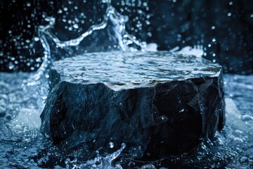 stone pedestal for product presentation, water splash in the background, blue and black color...