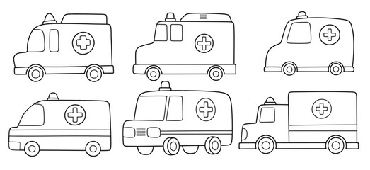 Hand drawn outline Medical ambulance car. medical doodle set with art line style on isolated white background.