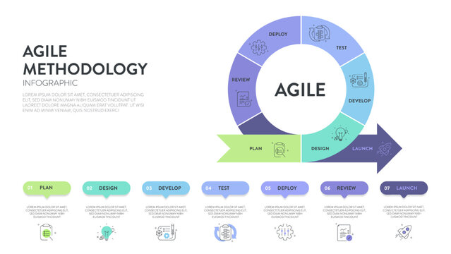 Agile lifecycle methodology infographic is a processes to create and respond to change. Life cycle of product development and Agile Methodology. Process diagram template. Workflow Vector illustration.