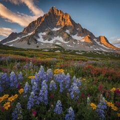 Fototapeta premium A towering peak surrounded by colorful wildflowers.