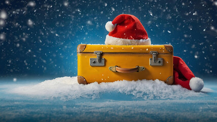 A stack of suitcases with a red Santa Claus hat on a blue background with snow. The concept of traveling on Christmas and New Year's Eve.