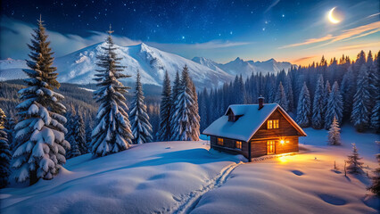 A charming cabin glows warmly amidst a snowy landscape, surrounded by tall pine trees and majestic mountains. The night sky is illuminated by stars and a crescent moon