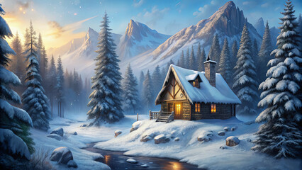 Fototapeta premium A wooden cabin sits peacefully among tall pine trees, surrounded by snow. The sun begins to rise, casting a warm glow over the mountains in the background