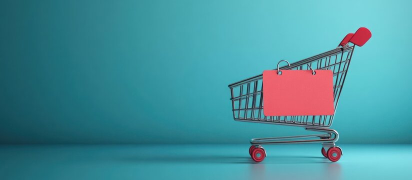 A shopping cart with a red tag hanging on it on a blue background.