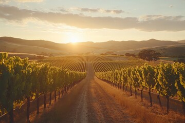 Naklejka premium Serene vineyard landscape at sunset with rows of grapevines and distant hills.