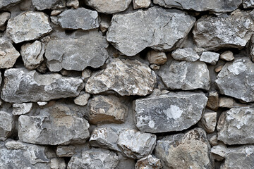 Fototapeta premium a textured stone wall composed of weathered gray rocks with uneven shapes and rough edges evoking a natural and rustic feel 