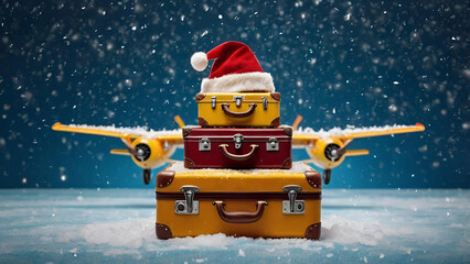 A stack of suitcases with a red Santa Claus hat and a model airplane on a blue background with snow. The concept of traveling on Christmas and New Year's Eve.