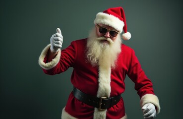Cool Santa Claus in Black Sunglasses Strikes Awesome Pose at Epic Christmas Party. Cinematic Lighting Illuminates Jolly Saint Nick Making Hip Hand Gestures for Festive Holiday Celebration