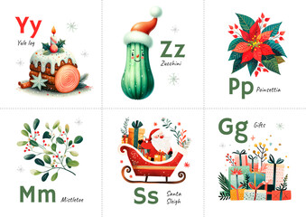 Six educational cards for preschool children, which depict letters and illustrations of Christmas, designed to teach kids the alphabet. Watercolor illustration in pastel colors.