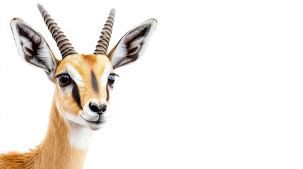 Fototapeta premium A solitary gazelle with elegant spiral horns stands poised against a pristine white background, highlighting its striking features and graceful posture.