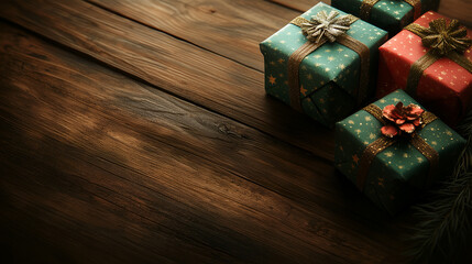 Fototapeta premium A Three Christmas gift boxes with gold ribbons on a wooden table with a warm atmosphere,Generative AI illustration