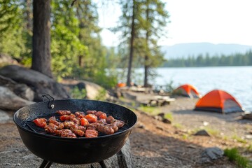 Grilled meat and vegetables sizzle on a campfire grill. Perfect for camping, outdoor cooking, and BBQ themes.