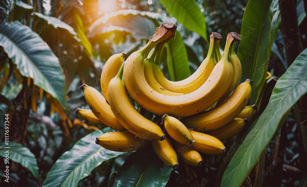 Poster a bunch of bananas are hanging from a tree. the bananas are yellow and are in bunches
