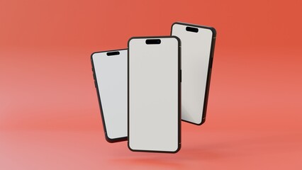 Blank screen smart phone mock up. Mobile phone mock up on red background. Smartphone mock up. Blank screen mock up.