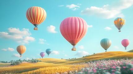 Obraz premium Colorful hot air balloons soaring over a vibrant landscape of fields and flowers.