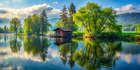 Fototapeta premium A small wooden cabin rests on a calm lake, embraced by vibrant trees. Soft clouds float above, creating beautiful reflections on the water, evoking a peaceful atmosphere