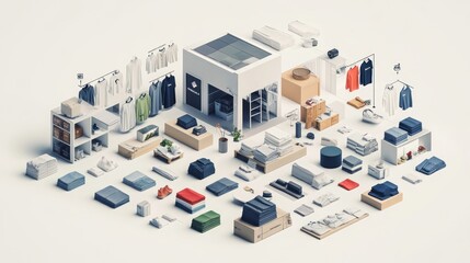 Isometric 3D illustration of a minimalist retail store with various furniture, fixtures, and merchandise.