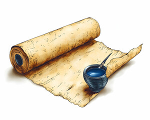 Rolled parchment paper with inkwell and quill.