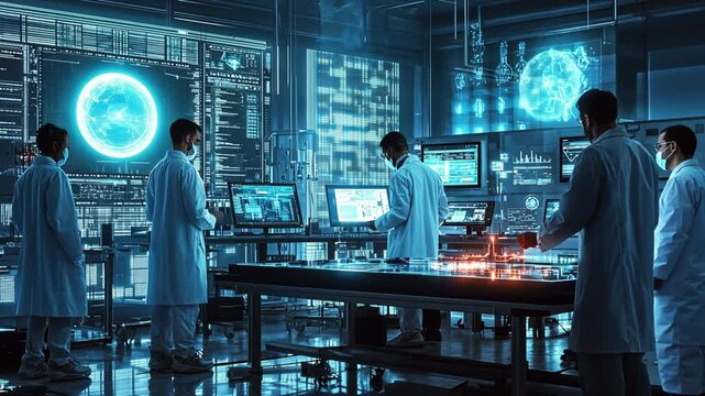 Scientists in a high-tech lab analyzing data and conducting experiments.