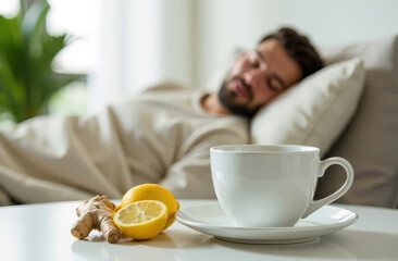A white cup with ginger and lemon in the foreground, and in the blurred background, a man is sleeping and recovering from a cold on a sofa, covered with a blanket