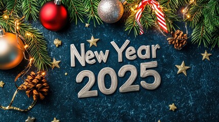 New Year 2025 written in bold silver typography on a dark blue background