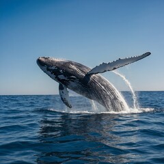 Fototapeta premium A majestic whale breaching the surface of the ocean, with a clear blue sky above.