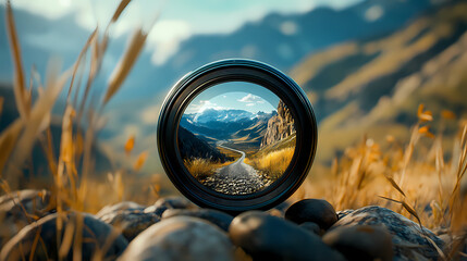 Lens on Landscape: Through the lens, an alluring mountainous landscape is perfectly framed, displaying a vast expanse of nature's artistry with a road meandering through the valleys. 